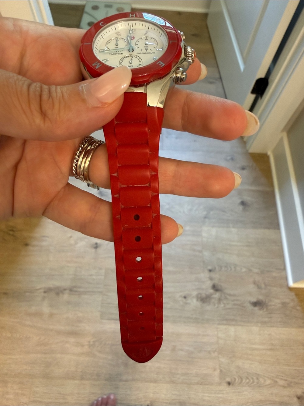 Michele Red Silicone Strap Watch with Polished Stainless Back - Picture 4 of 4